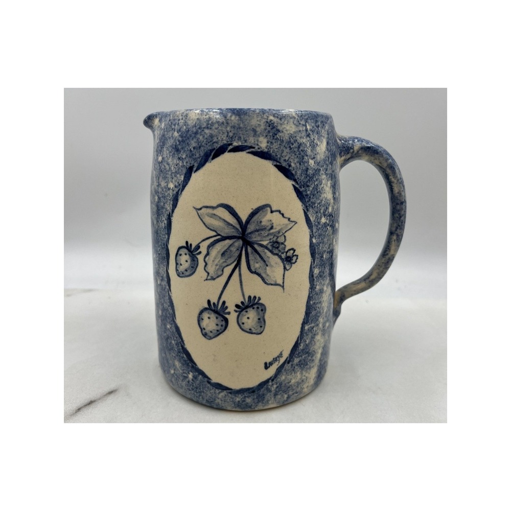 VTG Casey Pottery Pitcher Laverne 8" Blue Sponge Strawberries Texas Signed
